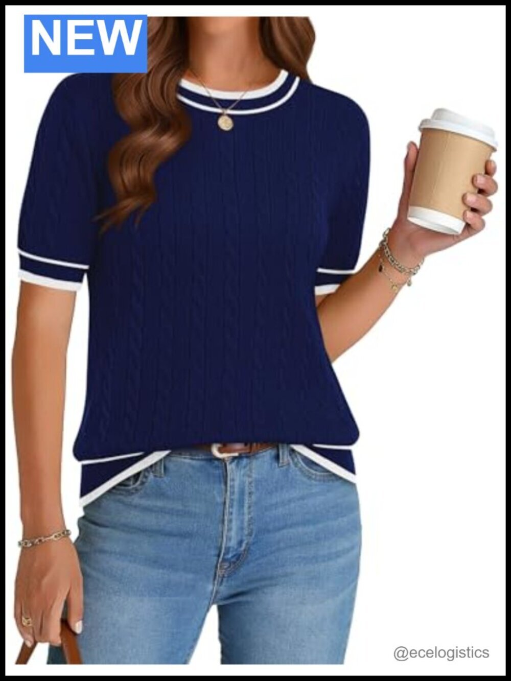 Cable Knit Short Sleeve Sweater Women Crew Neck Lightweight Viscose Top